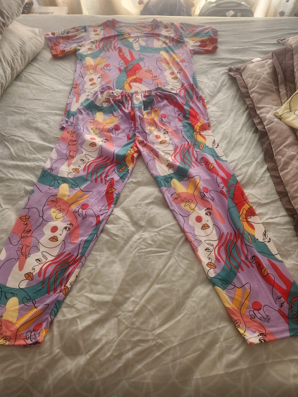 Ladies Lavender Multi-Color Patterned Pajama Set Cotton